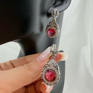 Vintage Silver and Red Teardrop Earrings